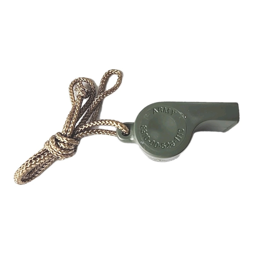 Vtg U.S. Military Green Plastic Army Whistle 1971 by G.P.I. & Lanyard G.I. Style